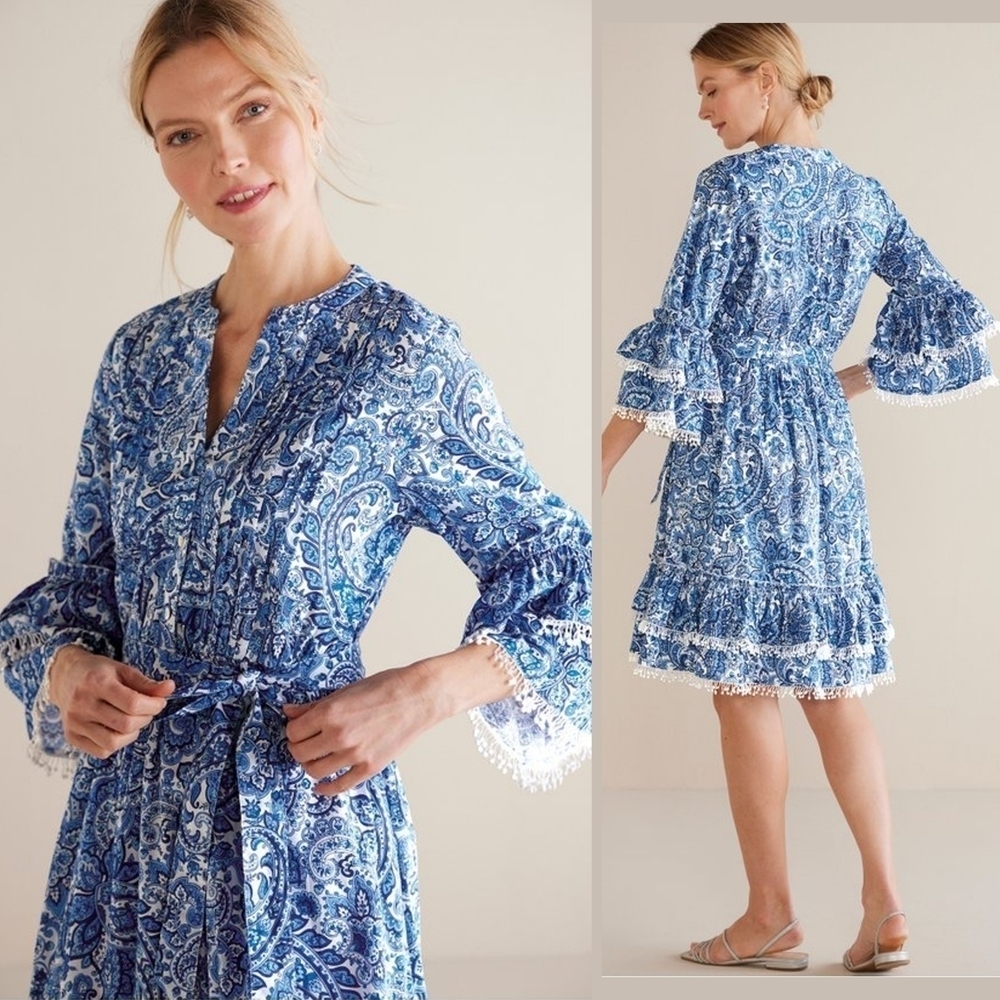 Cottage Core Blue White Paisley Dress Lace Trim, Bell Sleeves, Tiered Hem - Picture 15 of 16